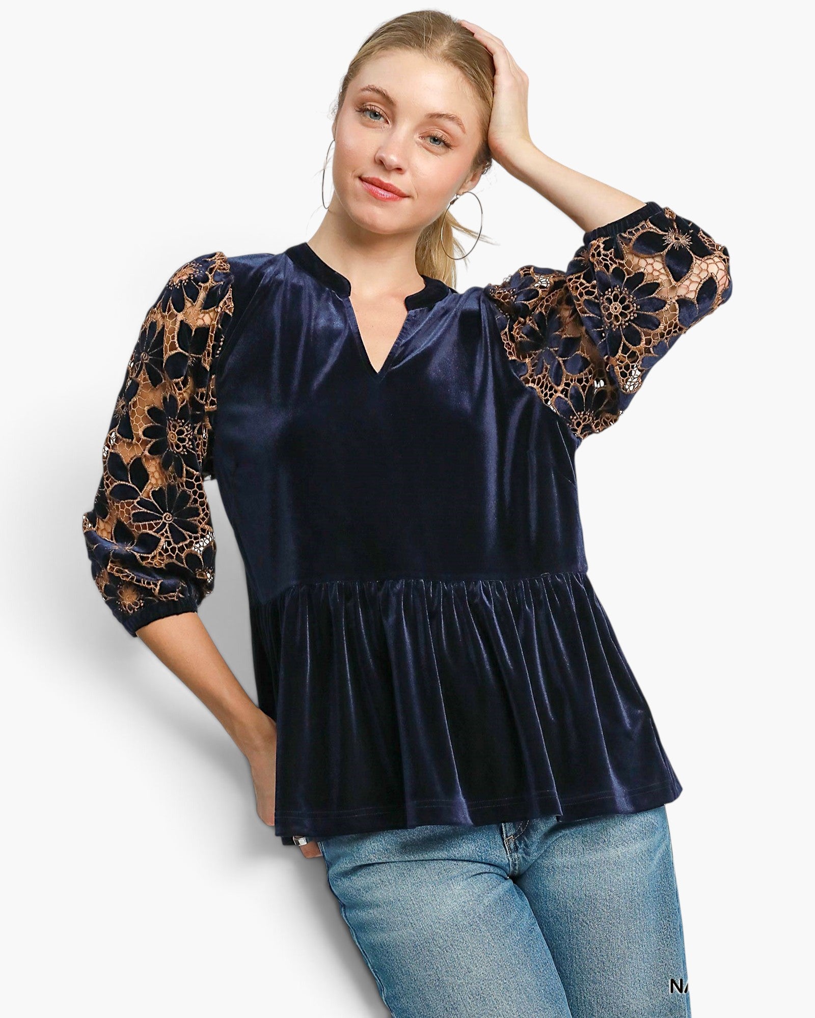 Navy Velvet & Lace Baby Doll Top