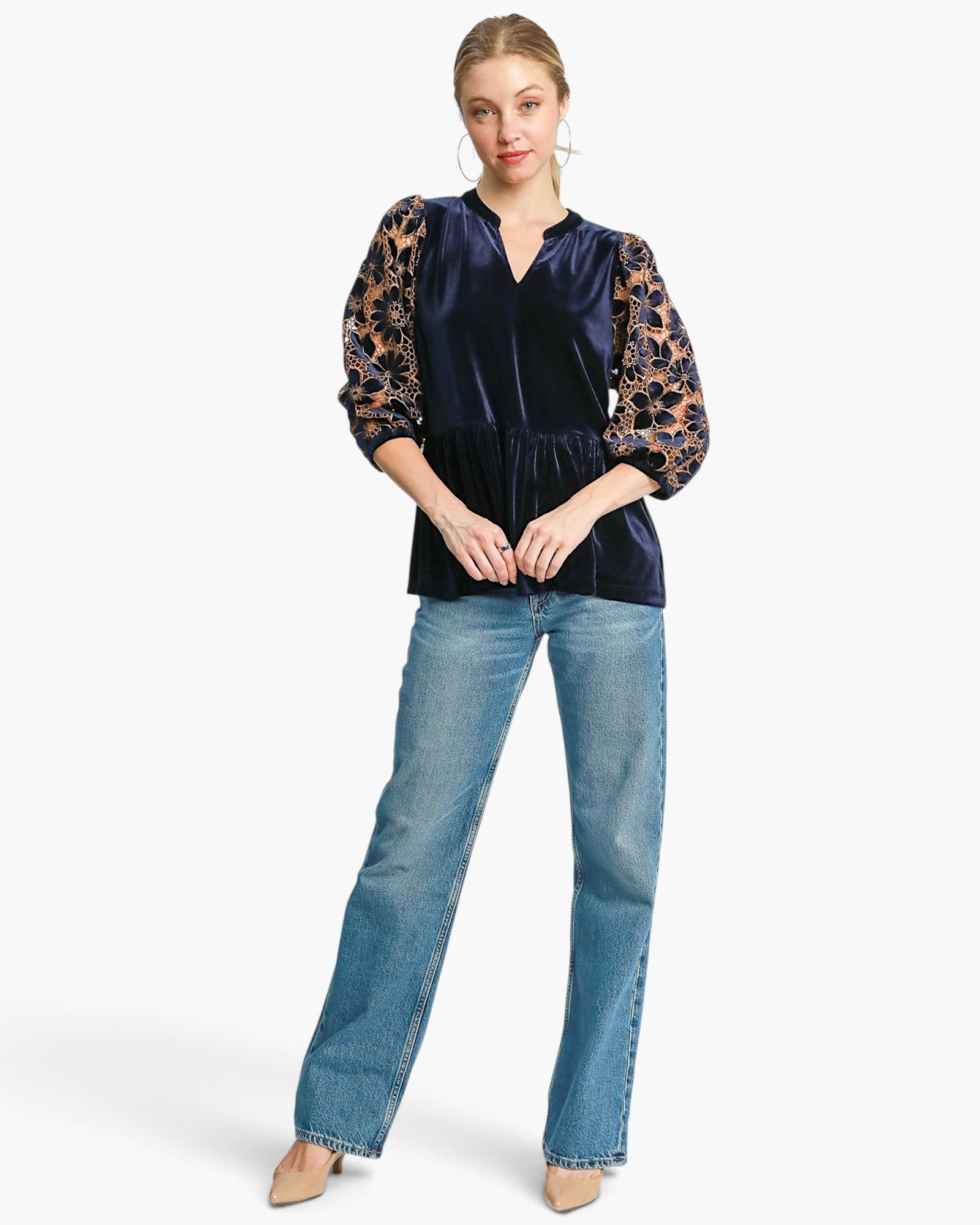 Navy Velvet & Lace Baby Doll Top