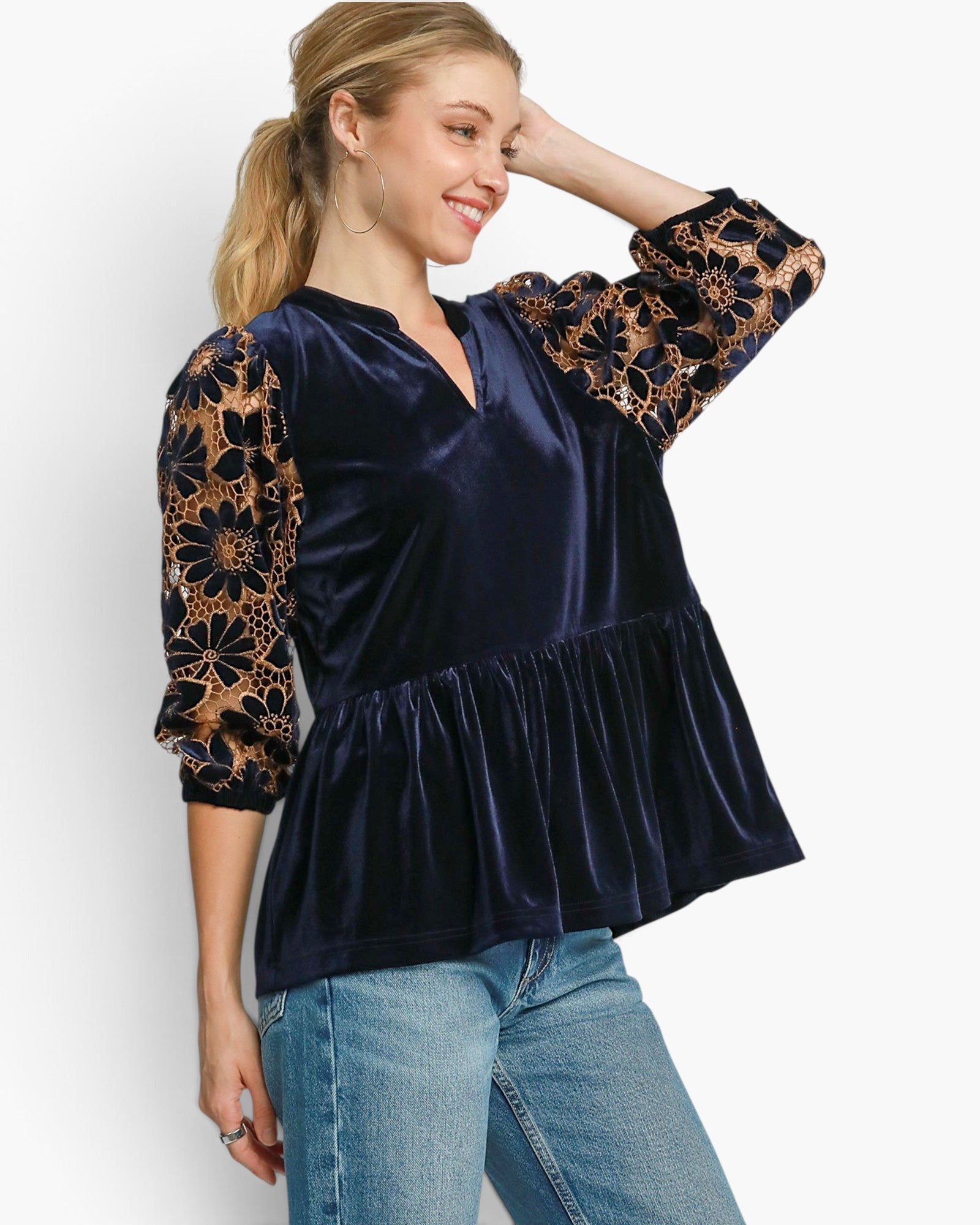 Navy Velvet & Lace Baby Doll Top