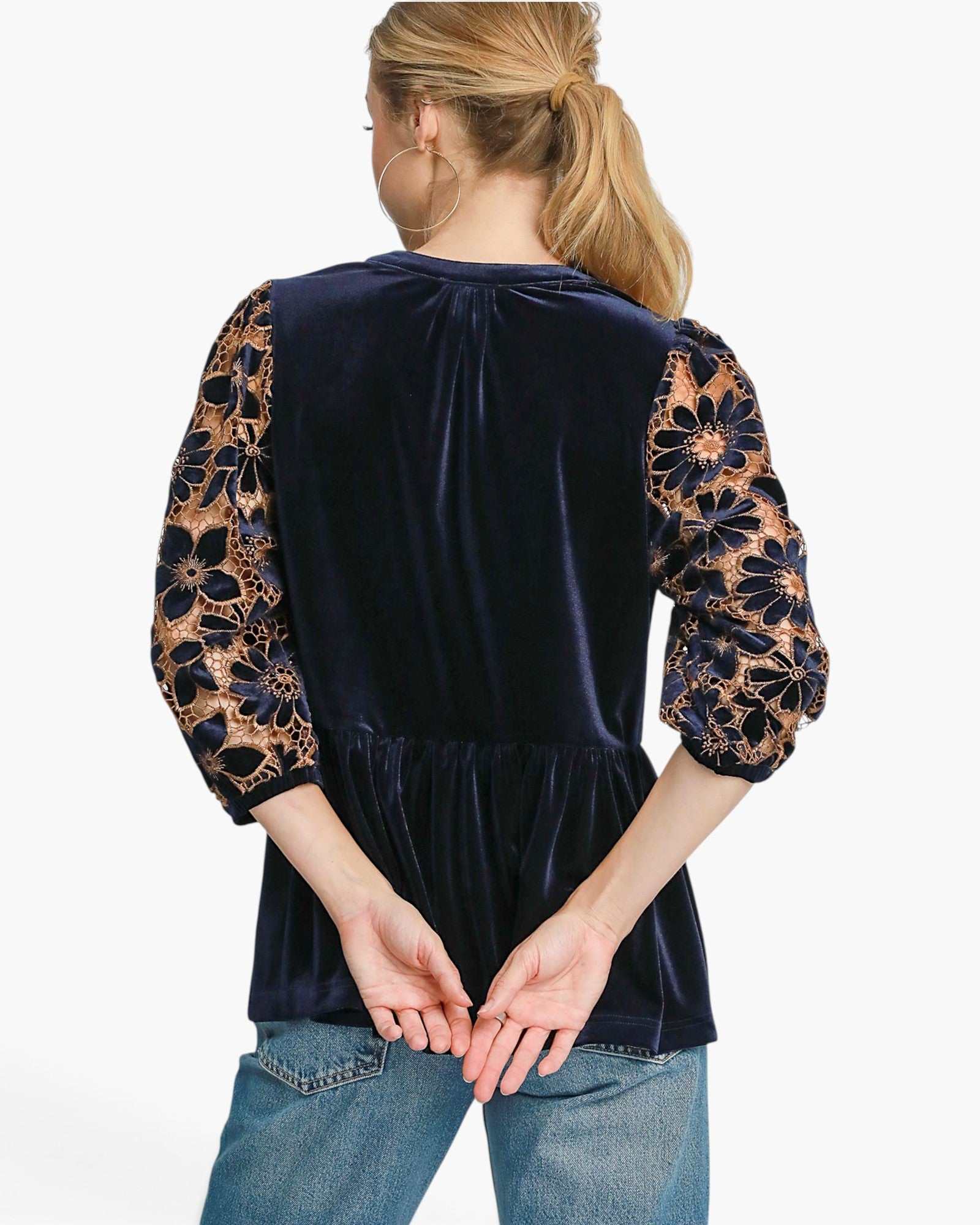 Navy Velvet & Lace Baby Doll Top