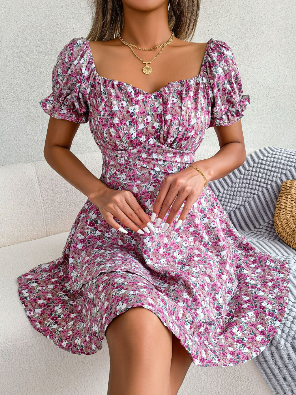 Floral Sweetheart Neck Puff Sleeve Mini Dress