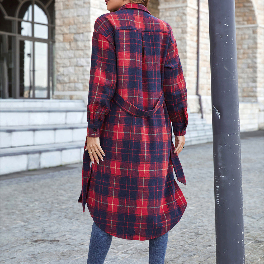 Red Plaid Belted Longline Shirt Jacket