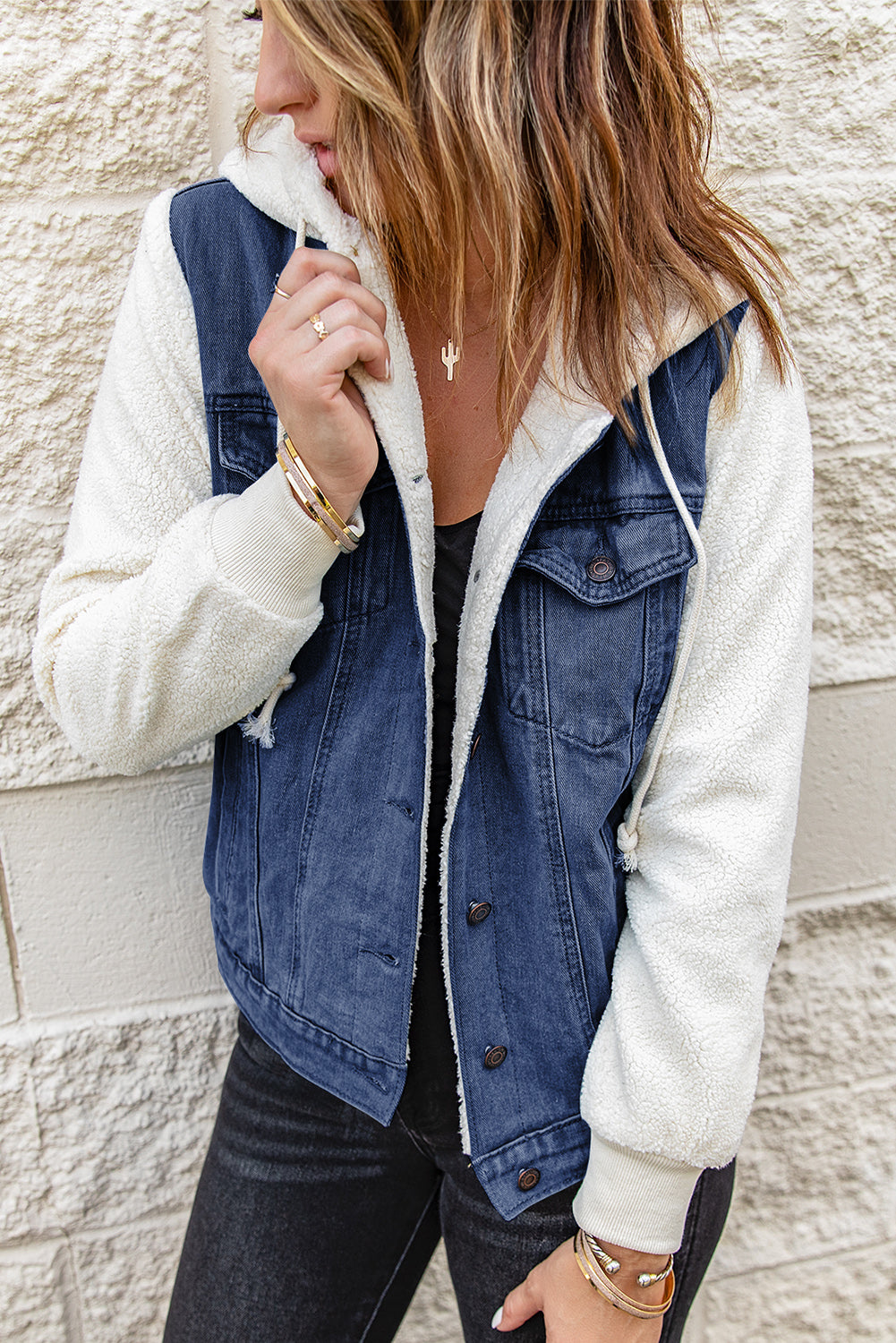 Layered Look Denim Sherpa Hooded Jacket