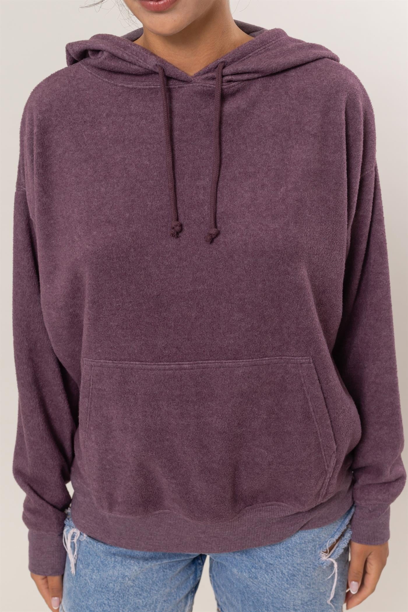 Brushed Long Sleeve Hoodie in Dark Plum