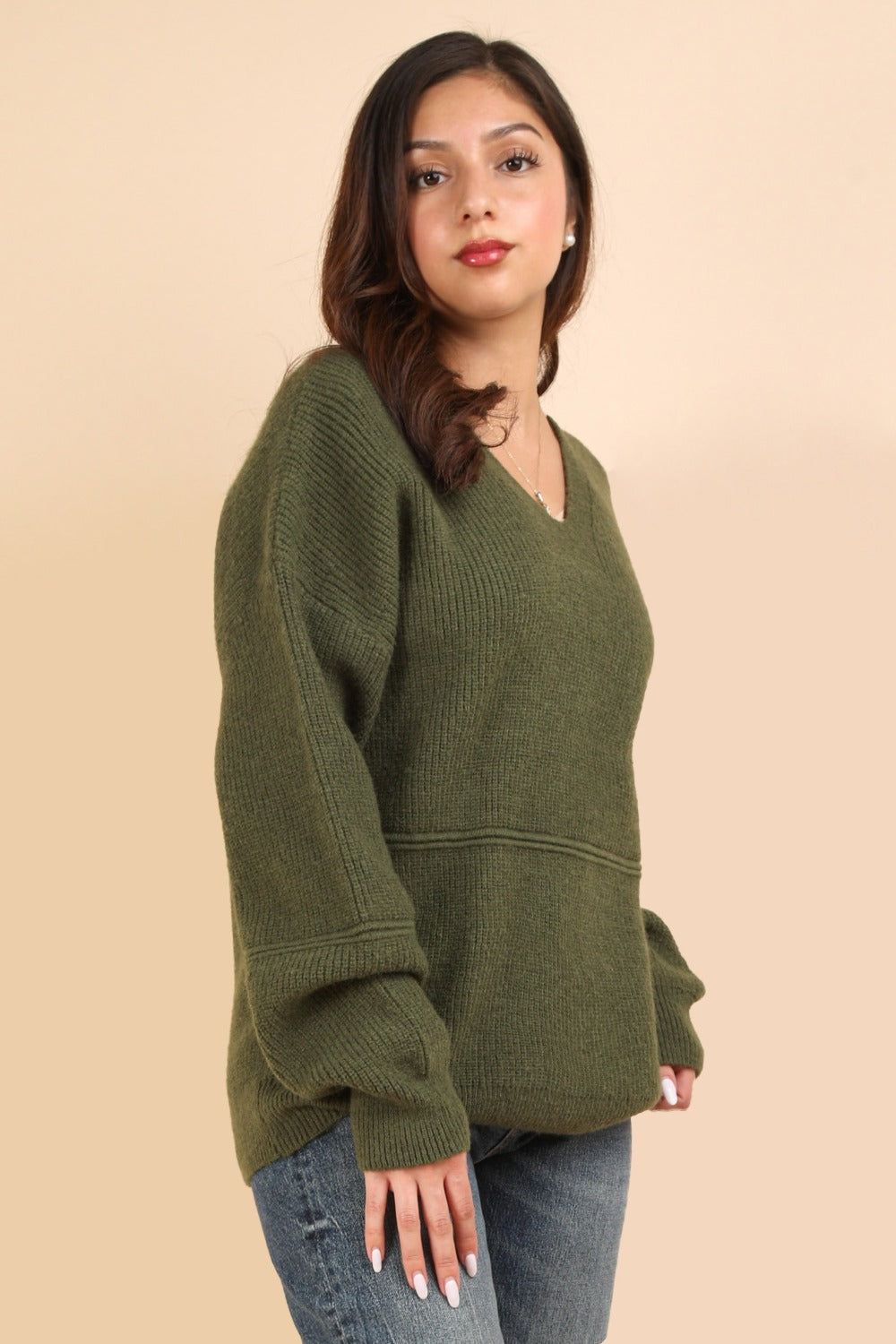 Seam Detail Drop Shoulder Hooded Sweater in Olive