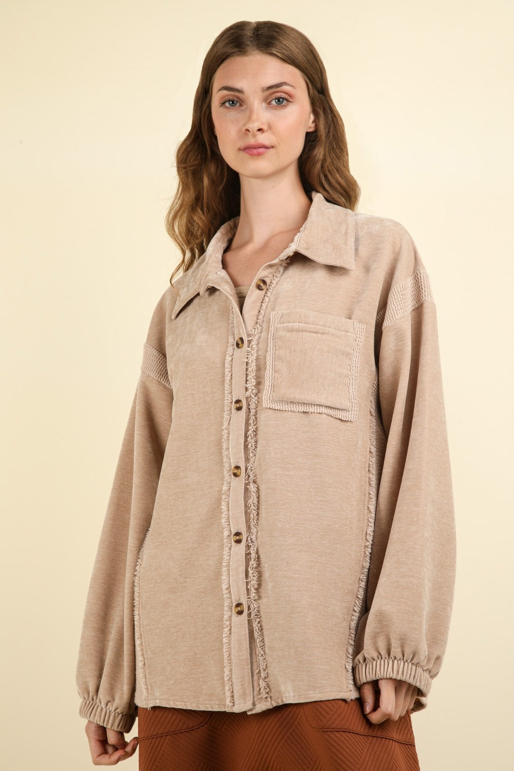 Mixed Media Button Down Raw Hem Shacket in Taupe