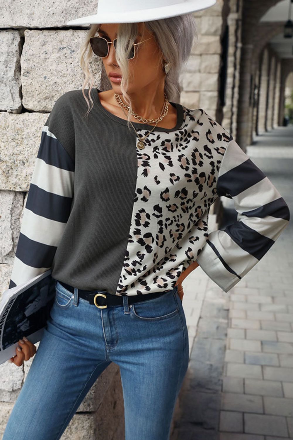 Gray Leopard Striped Long Sleeve Tee