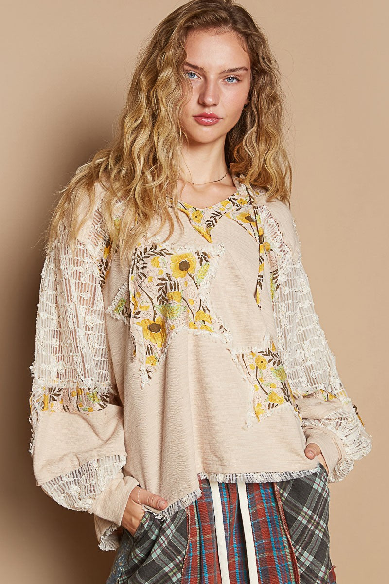 Beige Star Patch Lace Sleeve Hooded Top