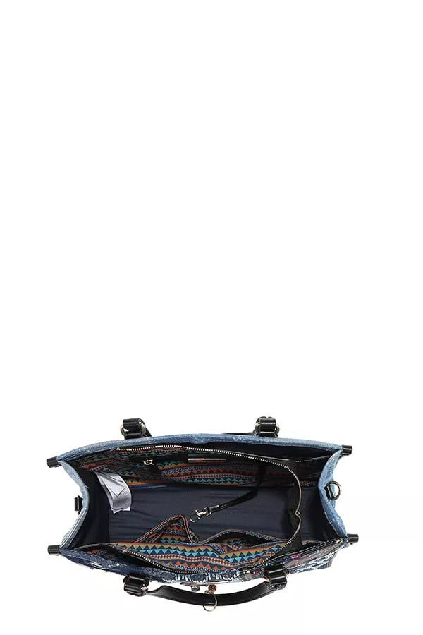 Black handbag with decorative interior on a white background