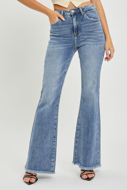 Medium Wash High Waist Raw Hem Flare Jeans