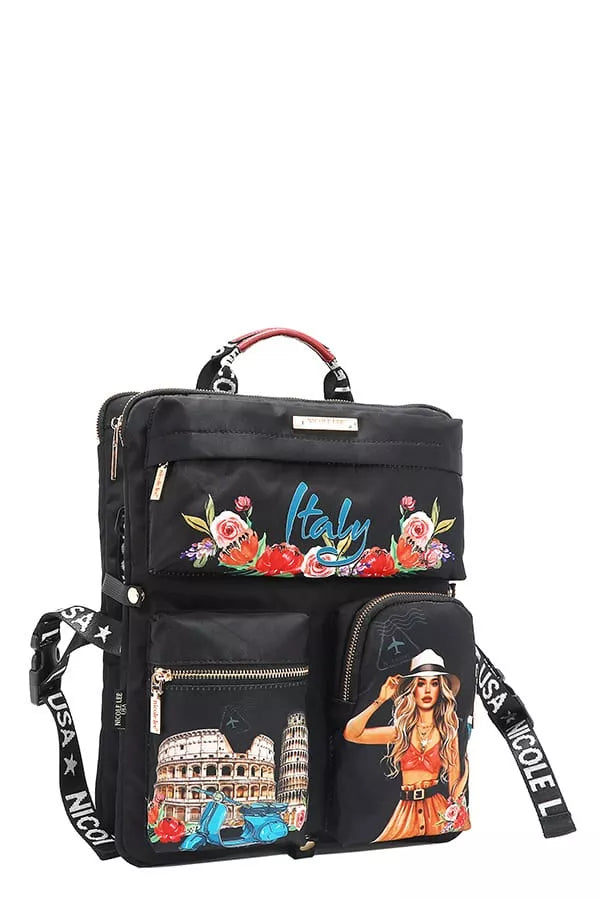 Black backpack with 'Italy' and travel-themed designs on a white background