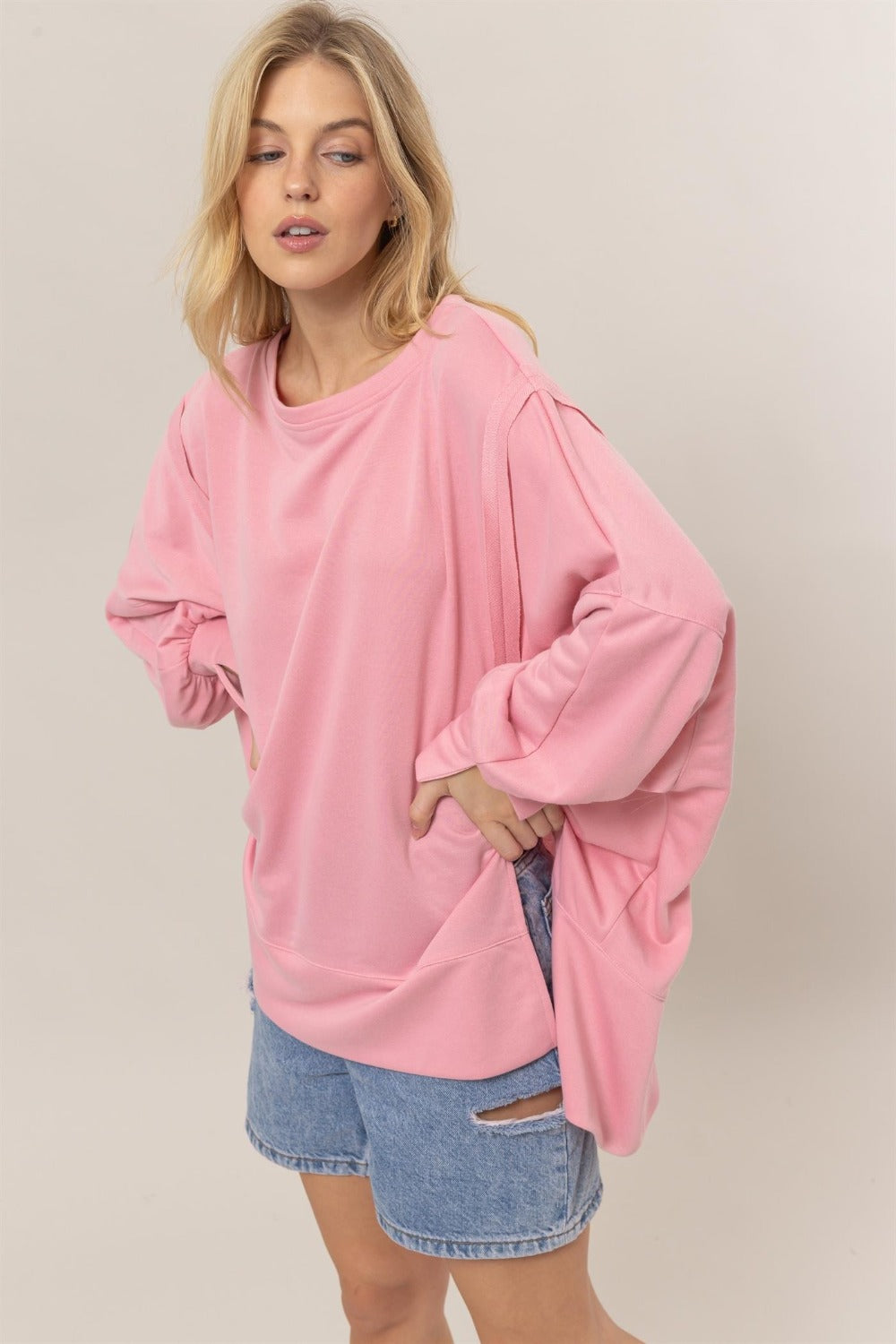 Pink French Terry Long Sleeve Tunic Sweatshirt