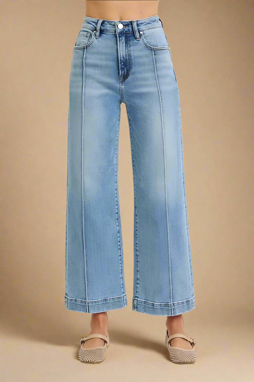 Light blue wide-leg jeans on a white background