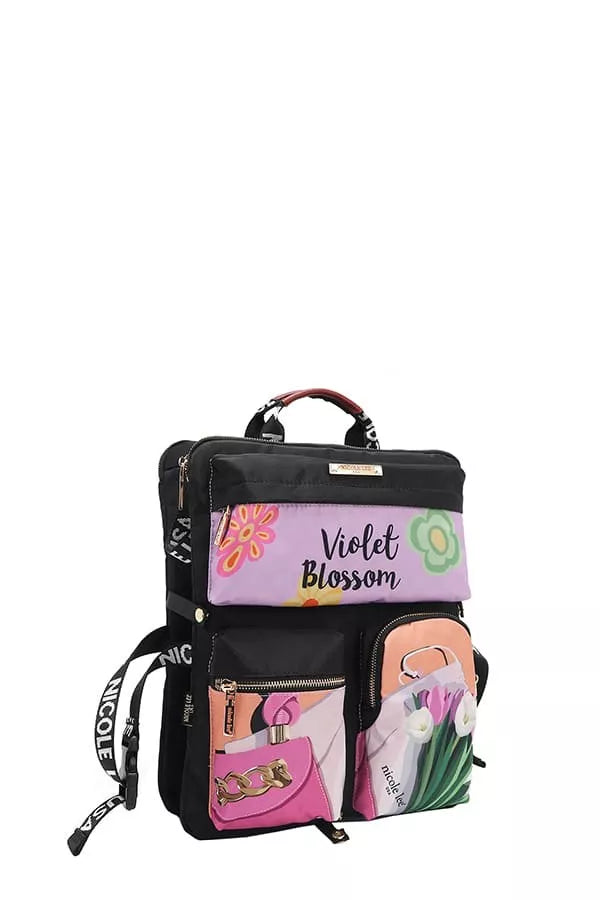 Backpack with colorful design and 'Violet Blossom' text on a white background