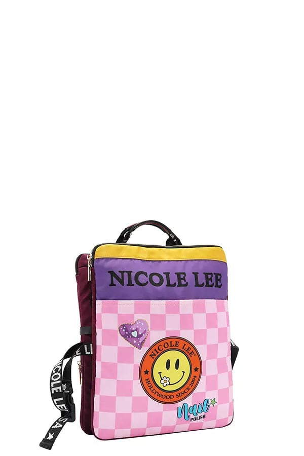 Pink checkered bag with Nicole Lee branding on a white background