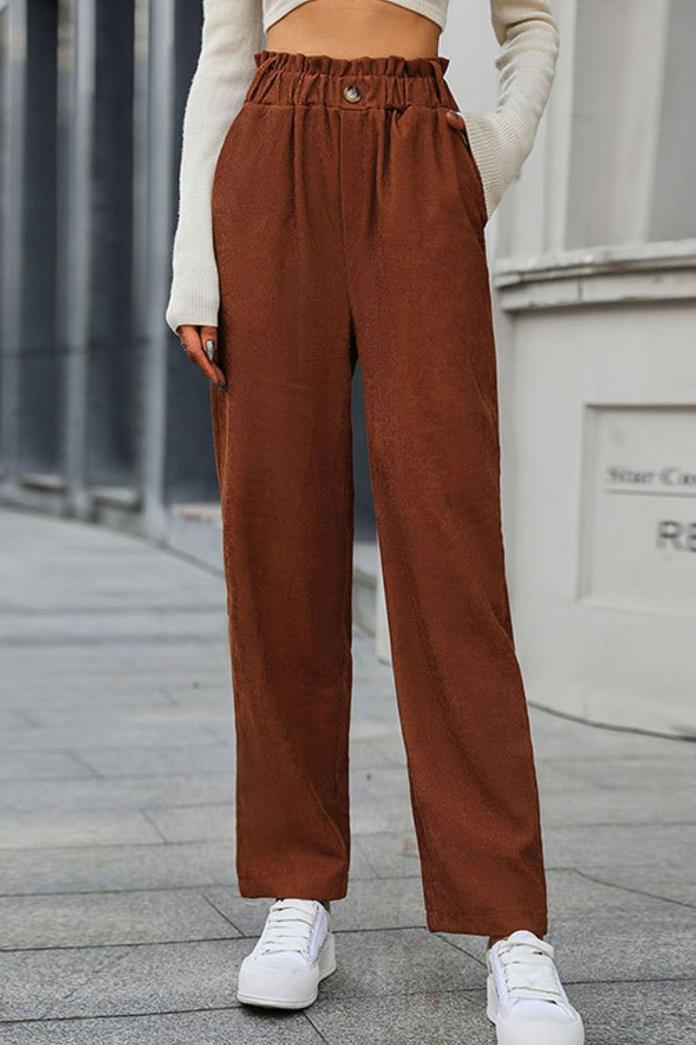 Paperbag Waist Straight Leg Pants in Coffee