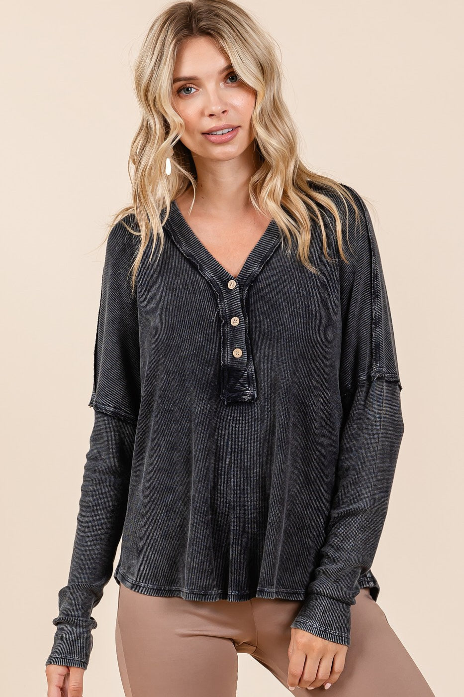 Washed V-Neck Long Sleeve Blouse in Charcoal