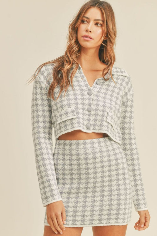 Blue Houndstooth Cropped Knit Cardigan and Mini Skirt Set