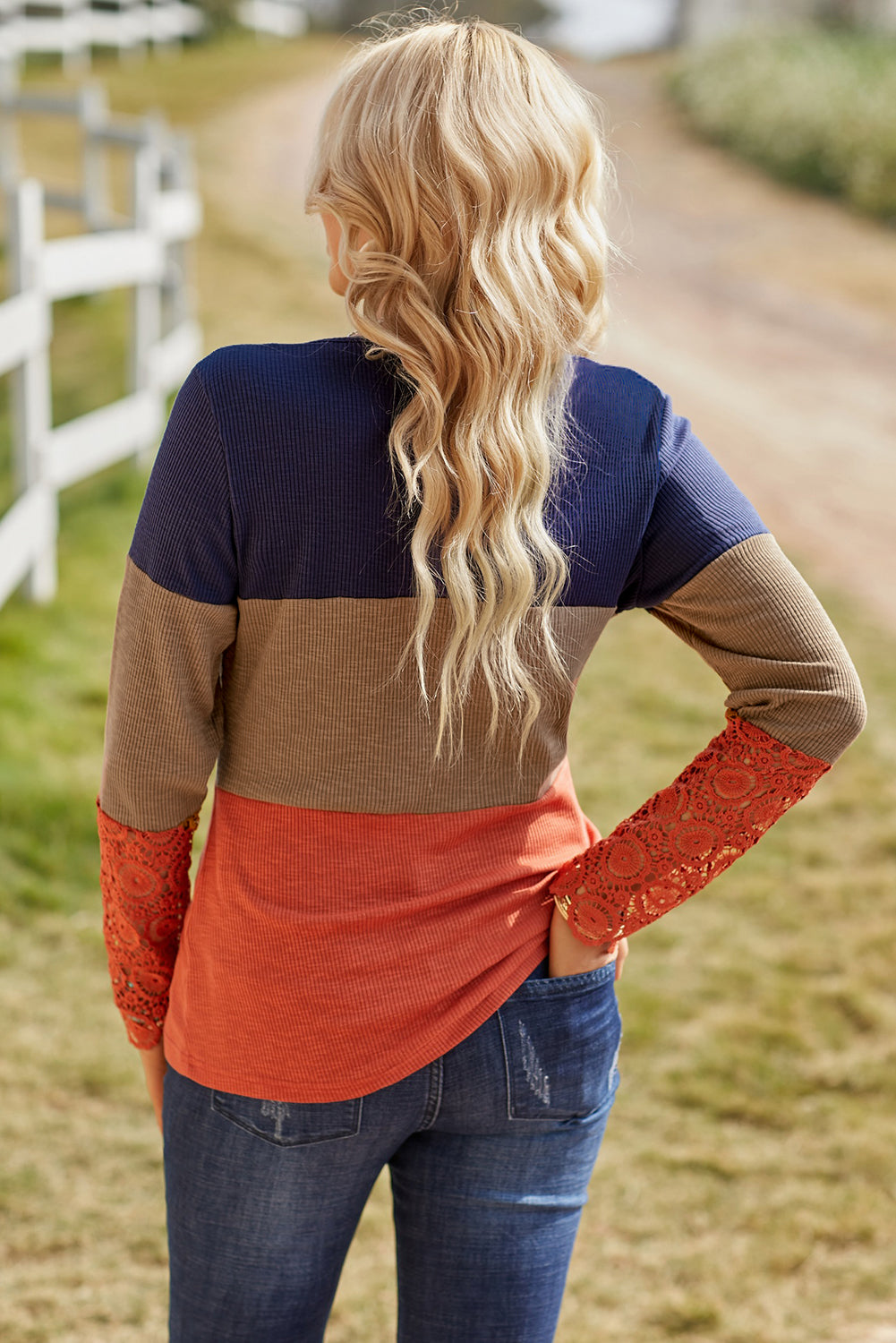 Blue & Orange Color Block Lace Sleeve Top