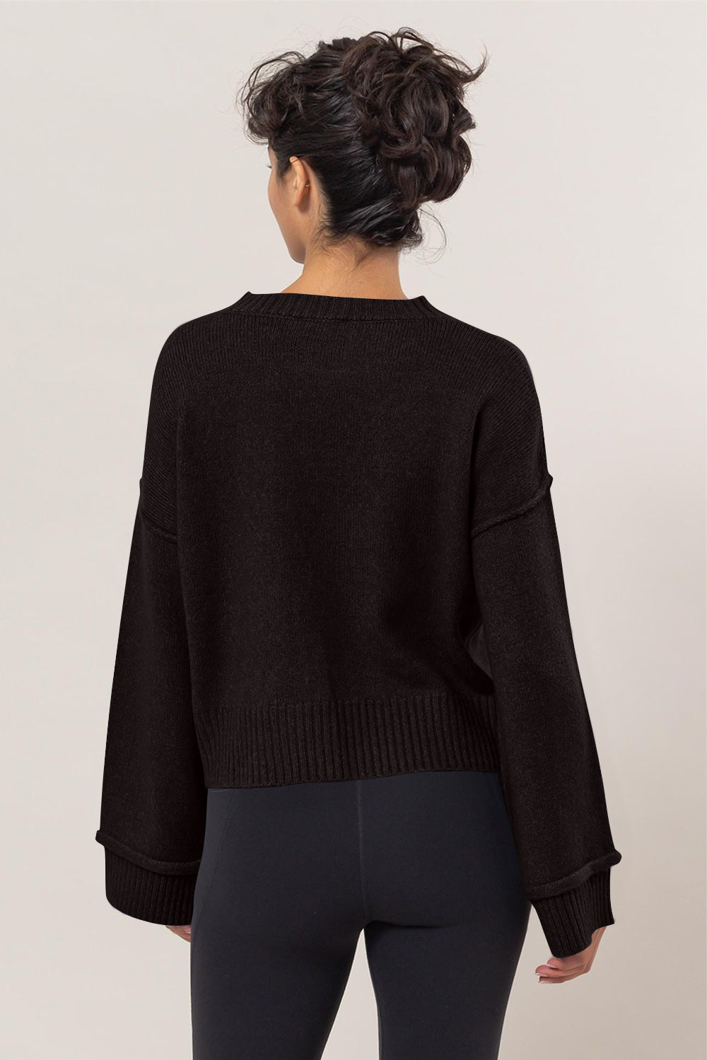 Black Dropped Shoulder Rib Knit Sweater