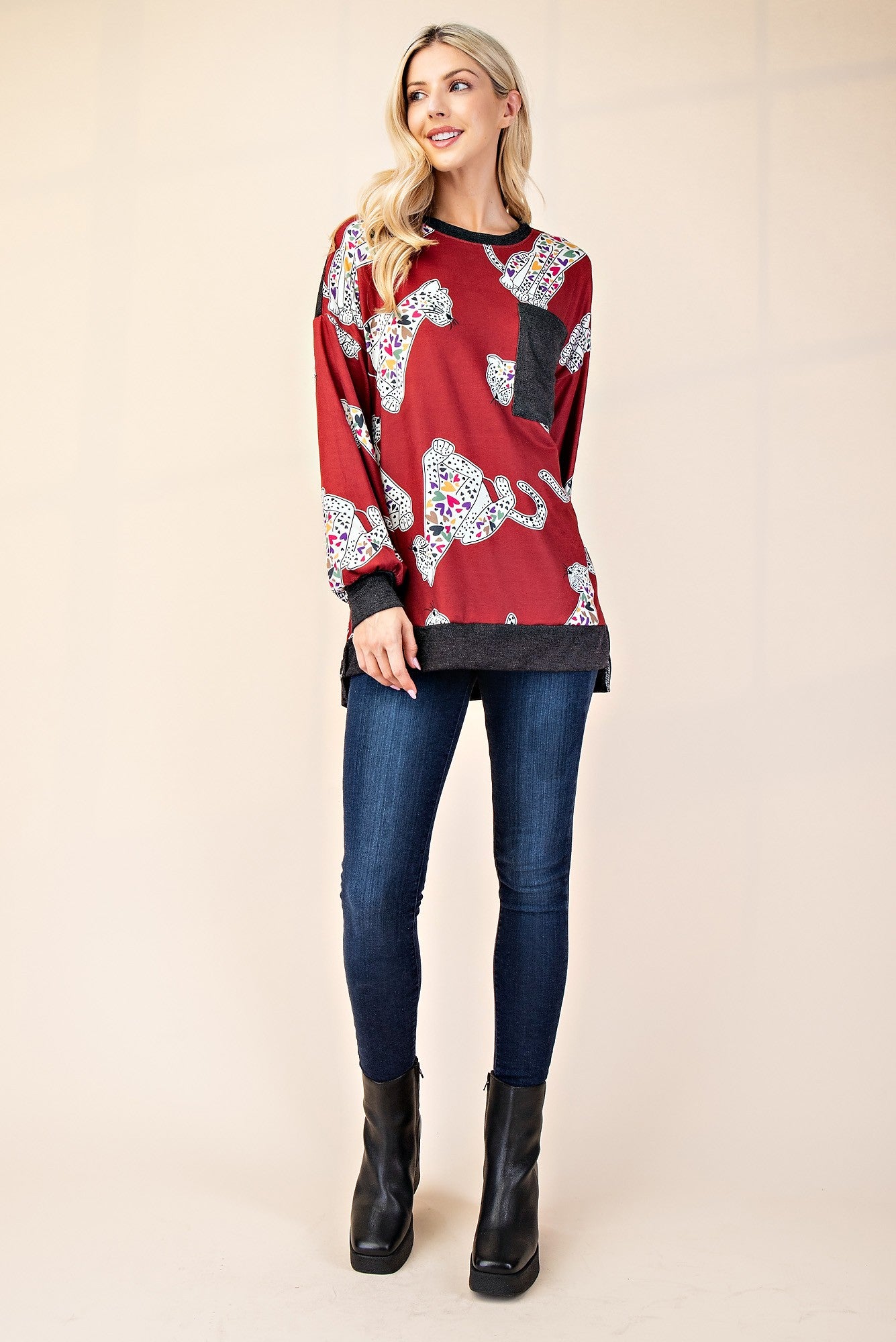 Animal Print Contrast Long Sleeve T-Shirt in Rust