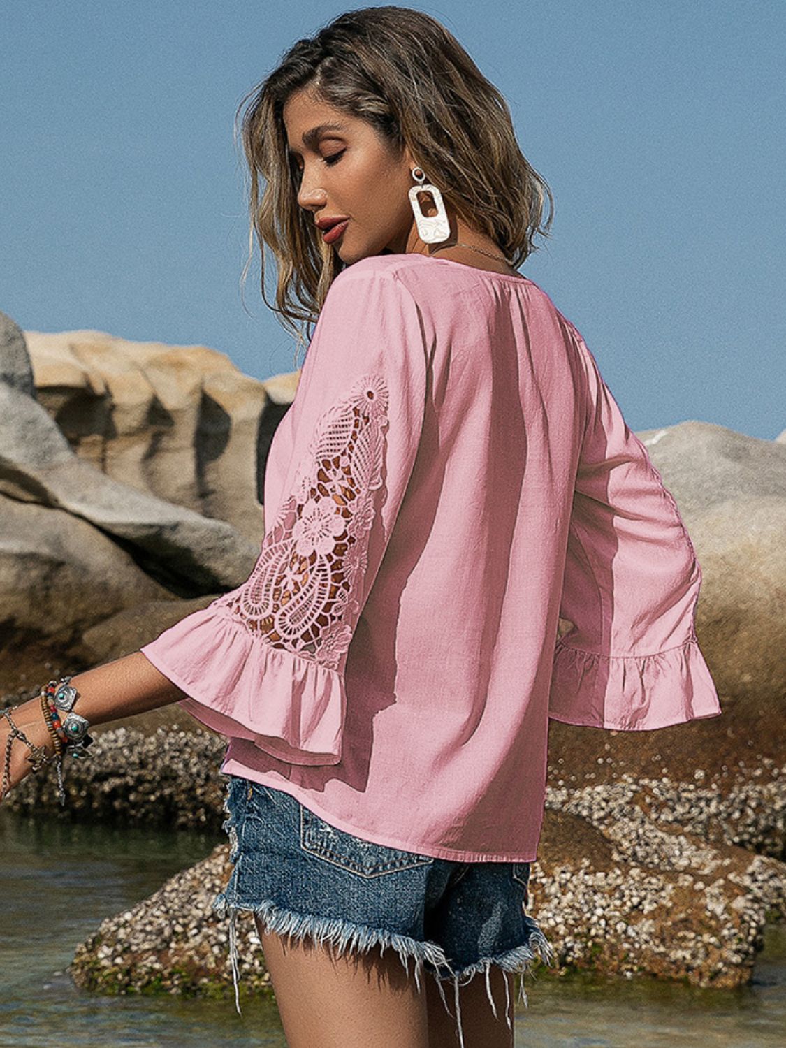 V-Neck Lace Flounce Sleeve Blouse in Blush Pink