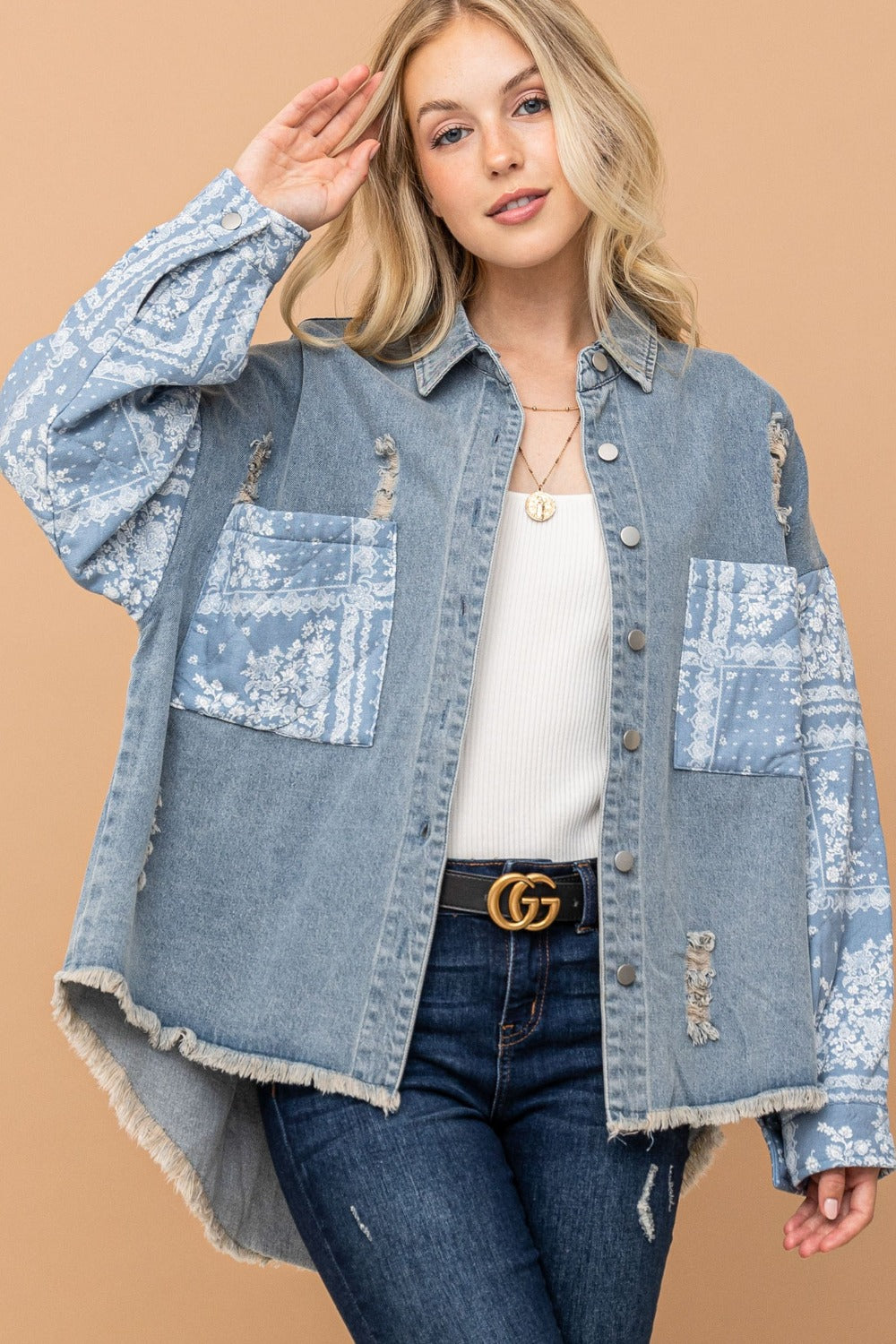 Light Wash Paisley Print Quilted Sleeves Denim Jacket