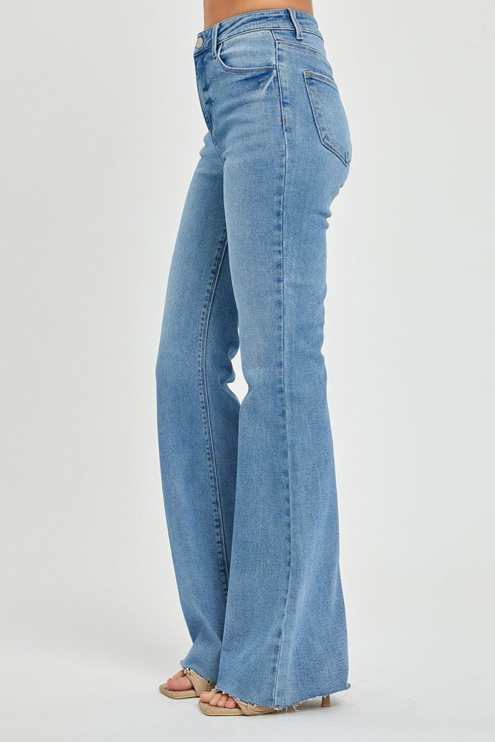 Medium Wash High Rise Raw Cut Hem Bootcut Jeans