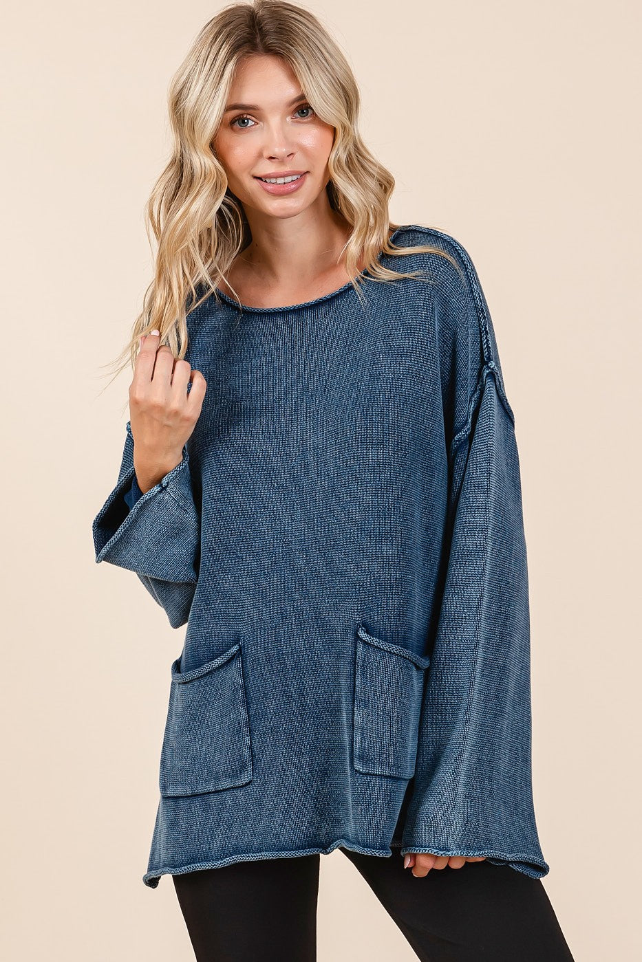 Mineral Wash Sweater with Pockets in Midnight