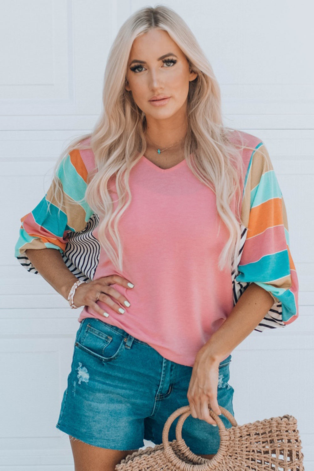 Pink Striped Dolman Sleeve V-Neck Top