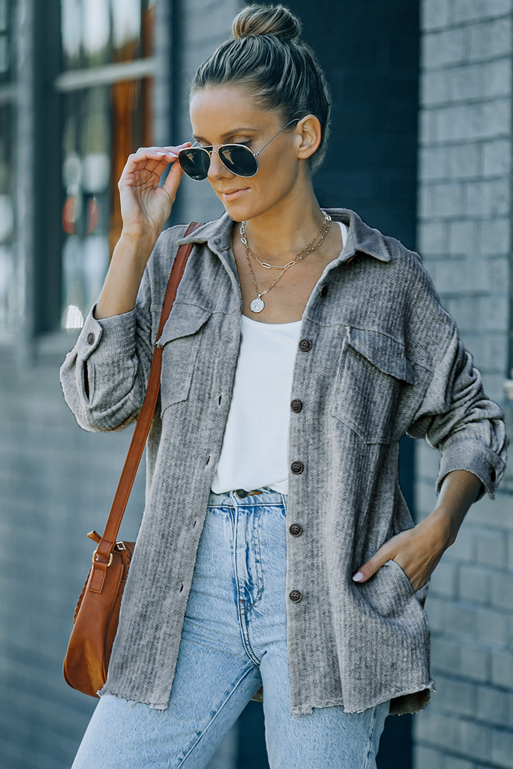 Gray Button Down Raw Edge Shacket