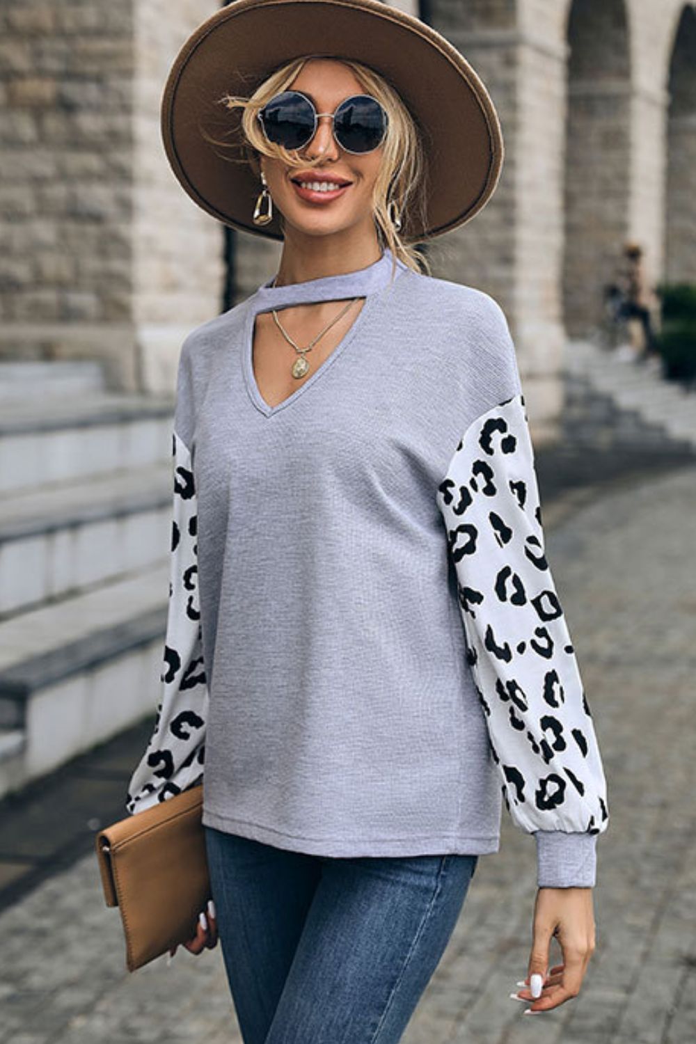 Gray Leopard Print Cutout Long Sleeve Tee