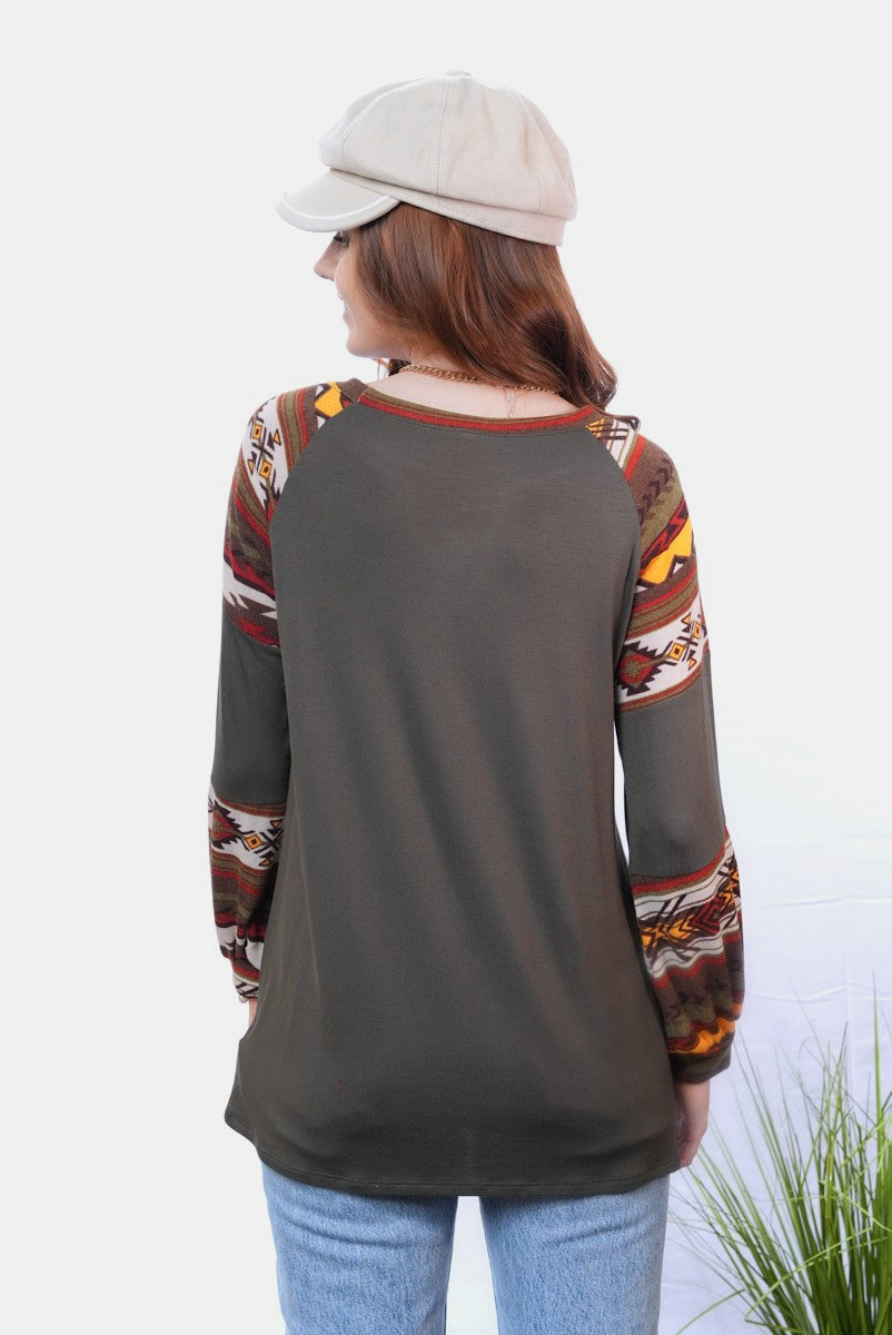 Aztec Print Long Sleeve Top in Dark Olive