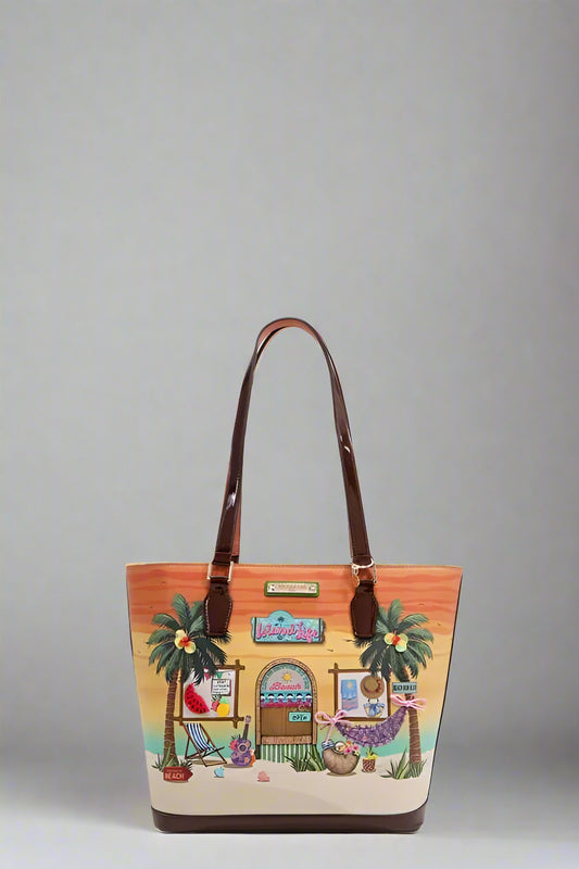 Tote bag with a tropical design featuring palm trees and a beach scene on a white background.