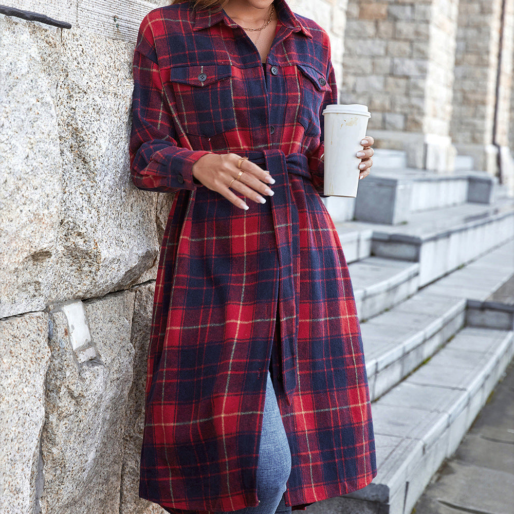 Red Plaid Belted Longline Shirt Jacket