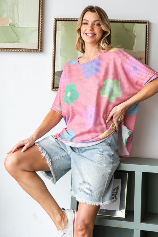 Floral Crew Neck Waffle Knit Tunic T-Shirt in Pink