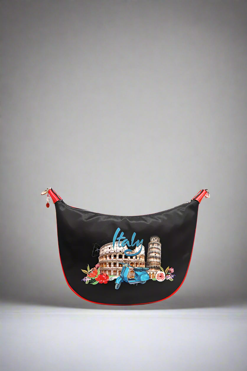 Black bag with colorful designs and 'Italy' text on a white background