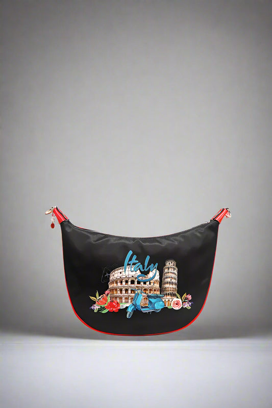 Black bag with colorful designs and 'Italy' text on a white background