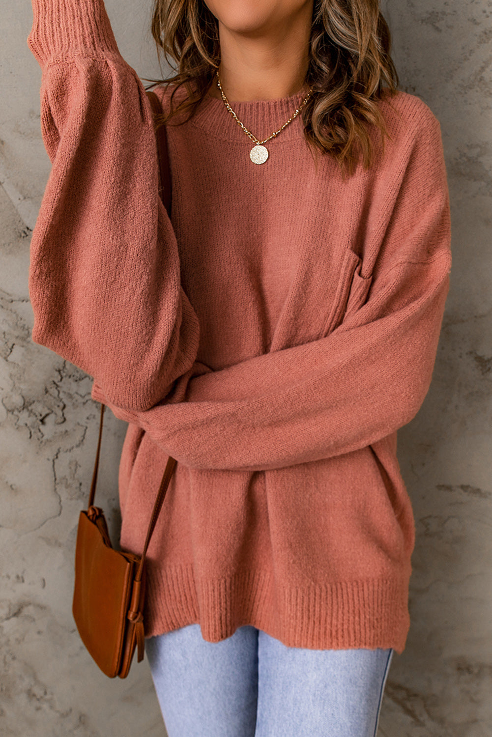 Rib Knit Trim Lantern Sleeve Sweater in Salmon