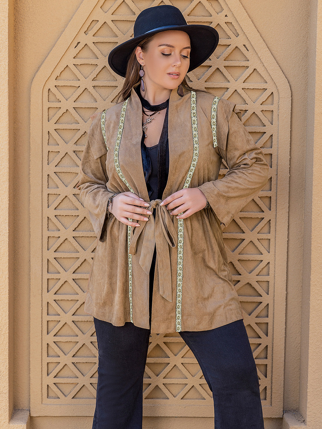 Plus Size Long Sleeve Tie Waist Topper in Camel