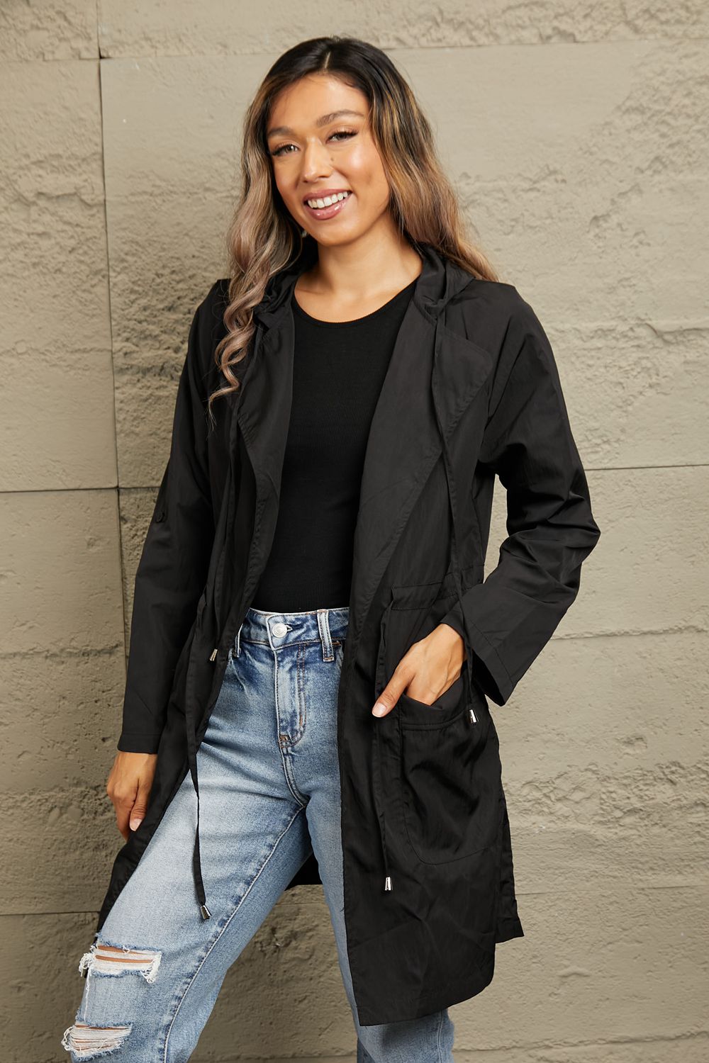 Black Drawstring Waist Hooded Longline Jacket