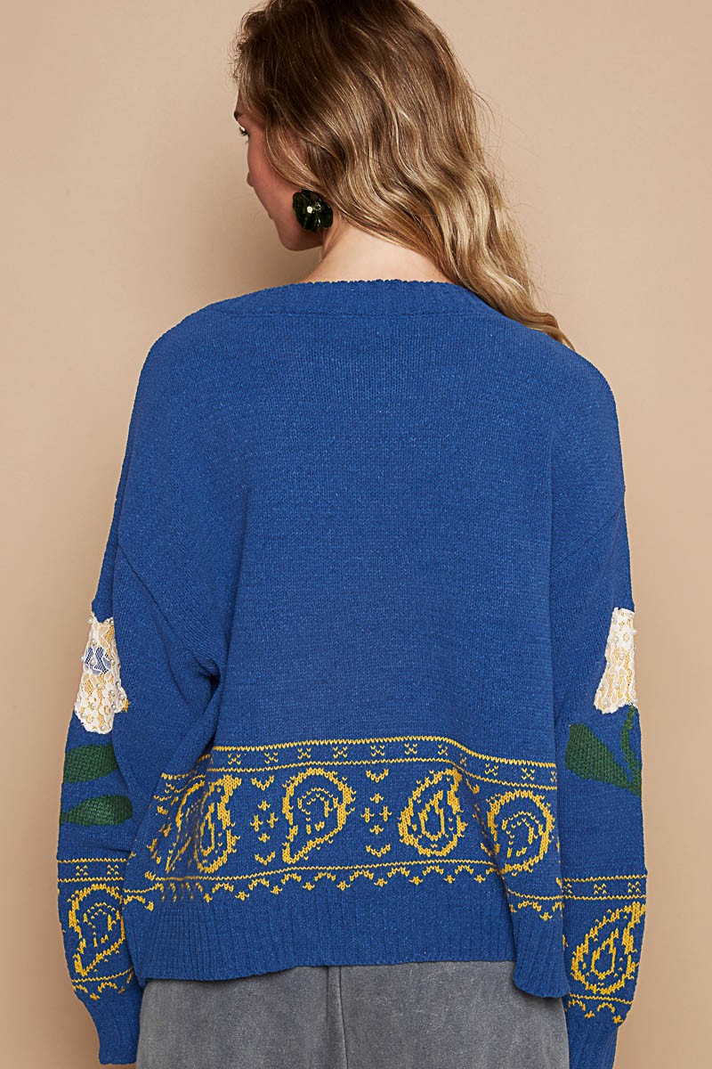 Blue Lace Flower Patch Long Sleeve Sweater