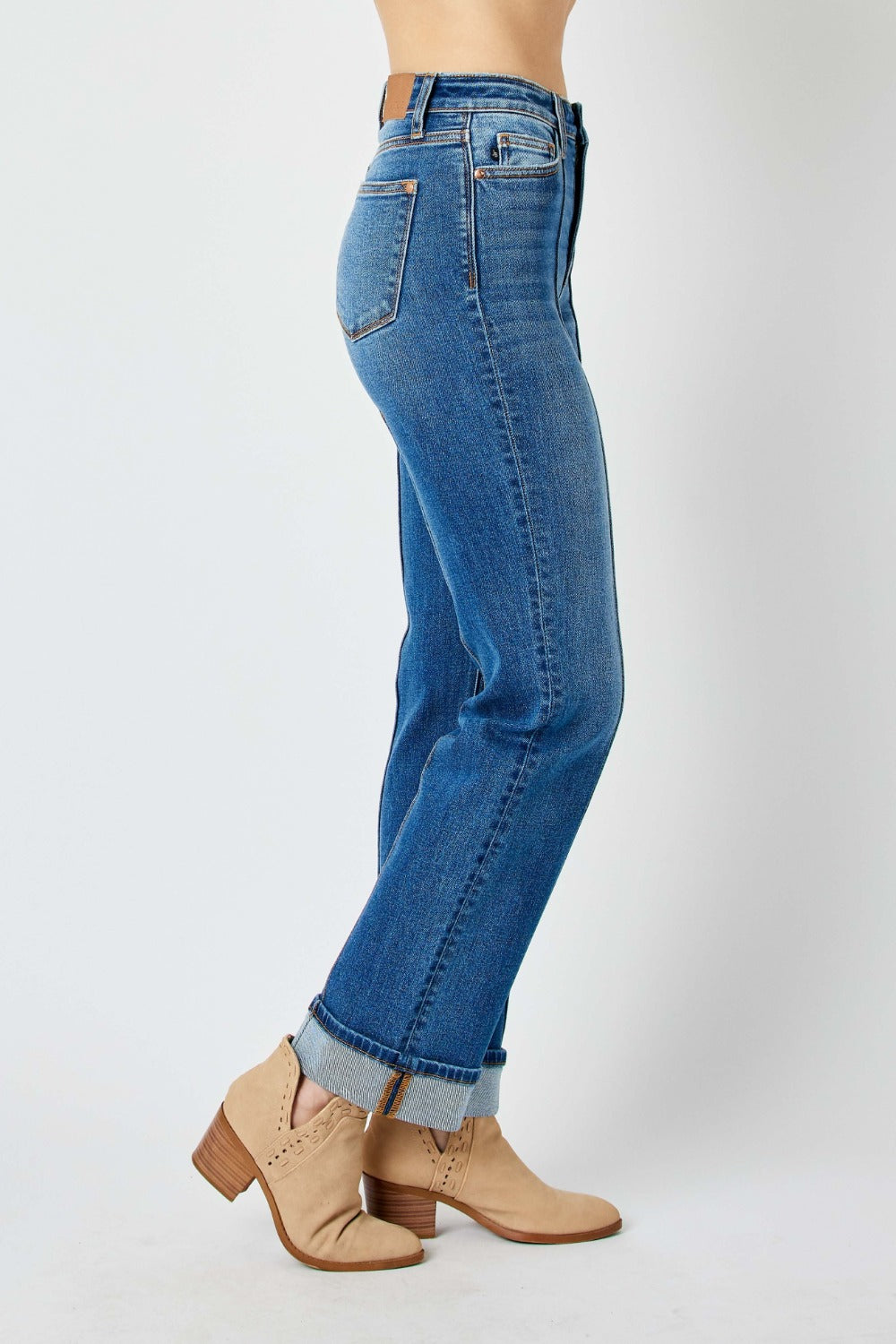 Medium Wash High Waist Front Seam Detail Straight Jeans