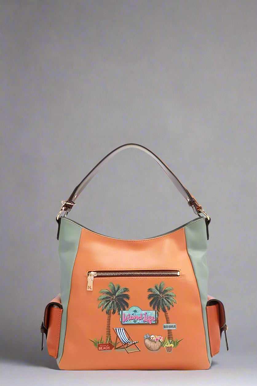 Orange handbag with palm tree and beach chair design on a white background
