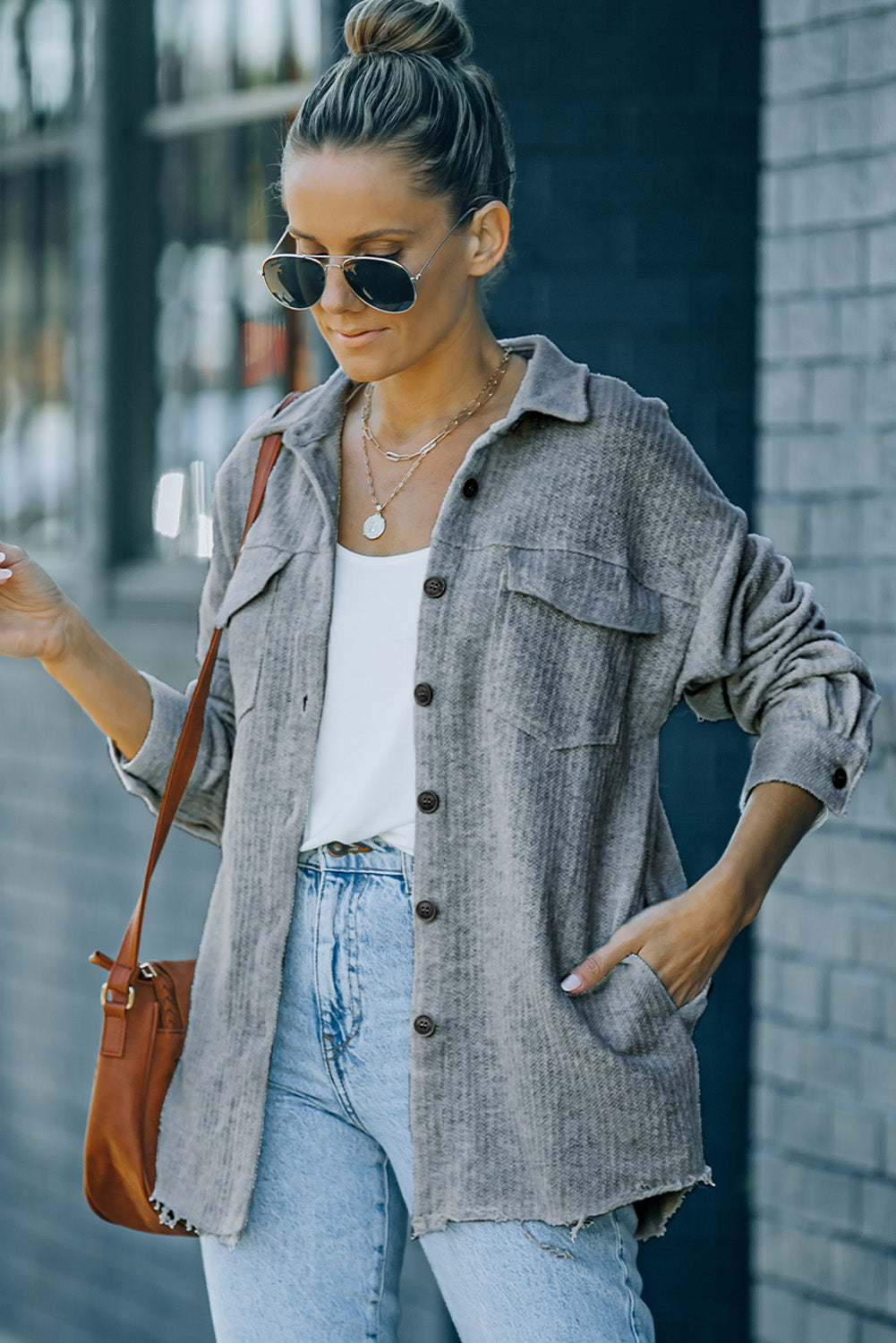 Gray Button Down Raw Edge Shacket