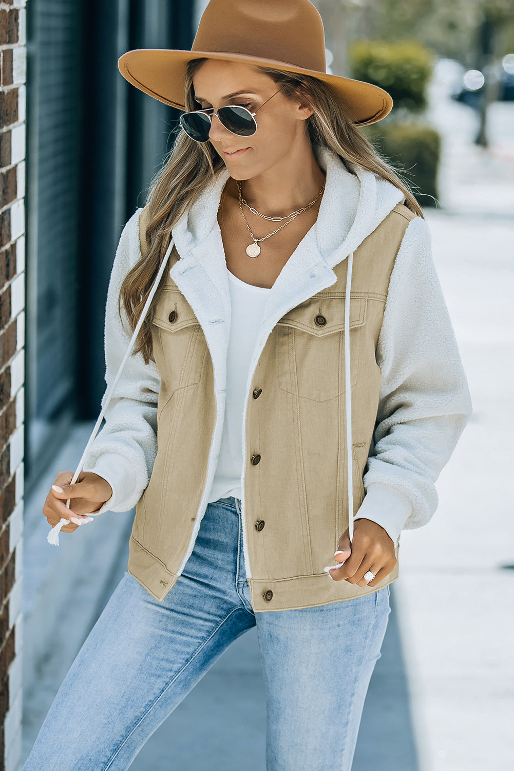 Layered Look Denim Sherpa Hooded Jacket