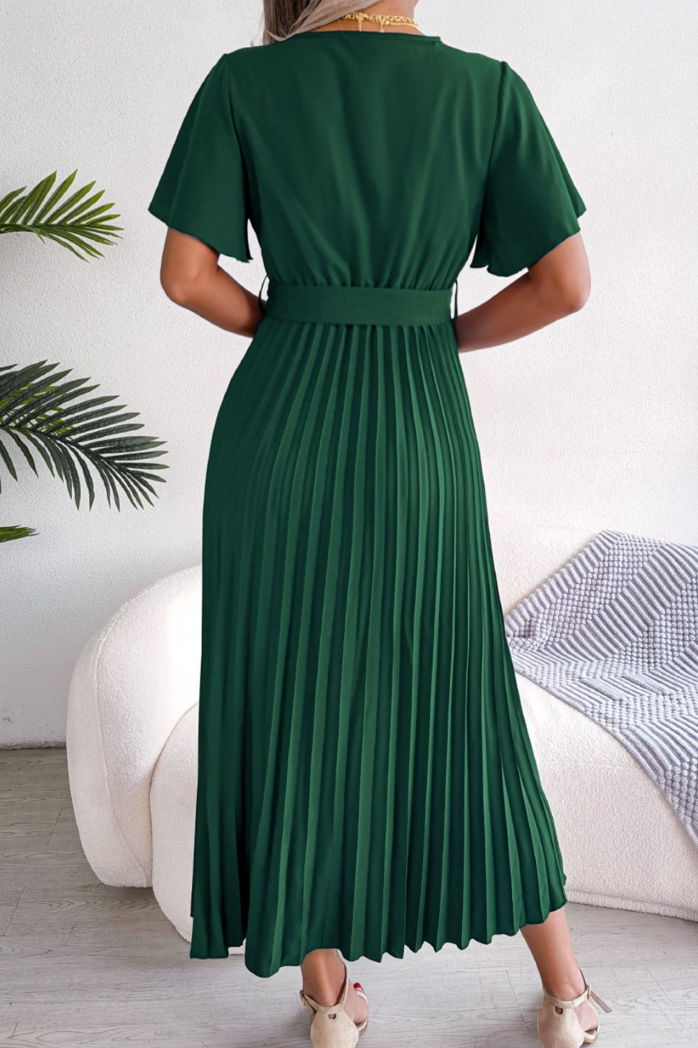 Pleated Flutter Sleeve Tie Waist Midi Dress