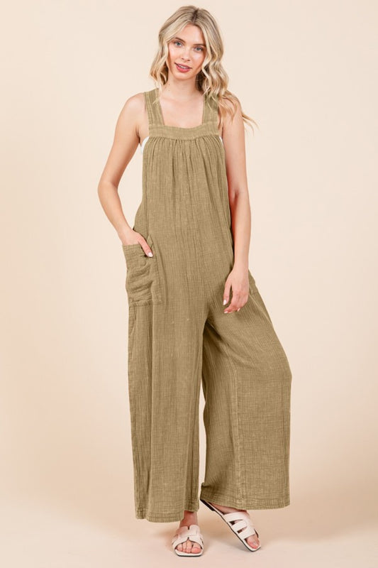 Sleeveless Wide Leg Cotton Overalls in Iced Coffee