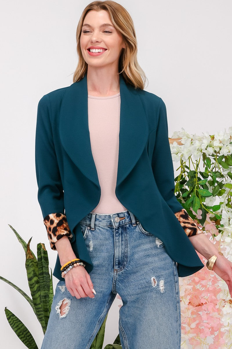 Hunter Green Leopard Cuff Open Front Blazer