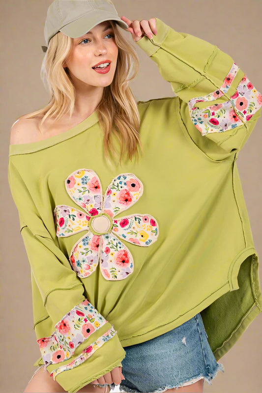 Yellow Green Daisy Patch Long Sleeve Sweatshirt